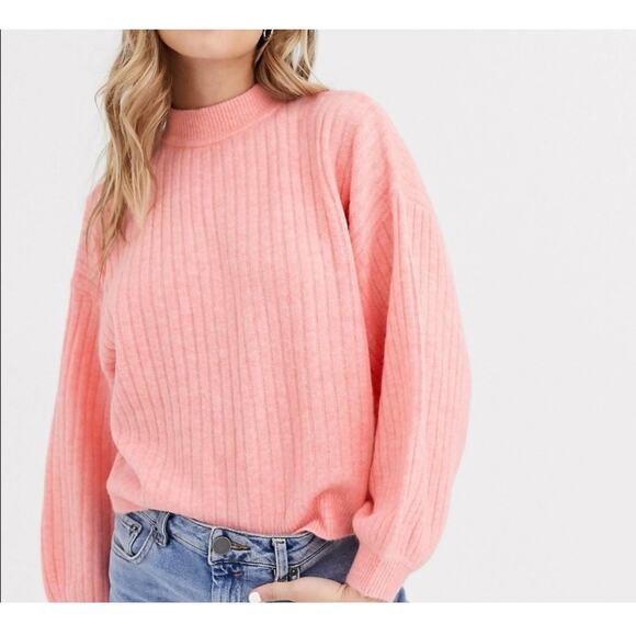 Miss Selfridge Women Ribbed Knit Sweater Size 4 Balloon Sleeves Mock Neck Orange - Picture 2 of 9